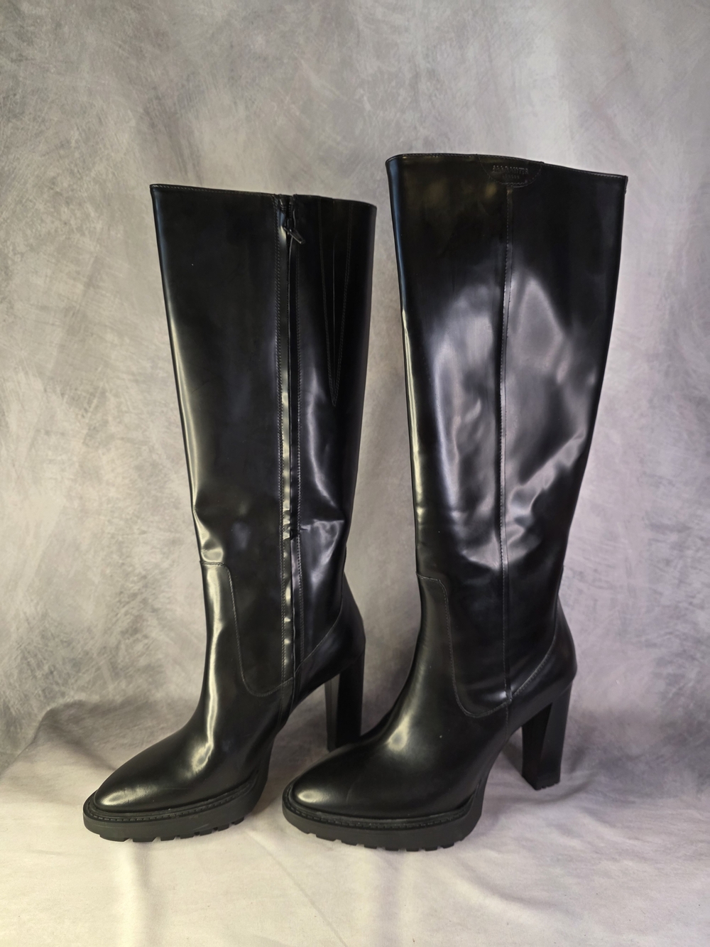 ​AllSaints Harlem Tall Leather Platform Heeled Boots Black Shine EU 40 US 10 New
